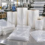 Cuộn màng đơn PE và túi màng đơn xếp trên bàn đóng gói tại xưởng bao bì