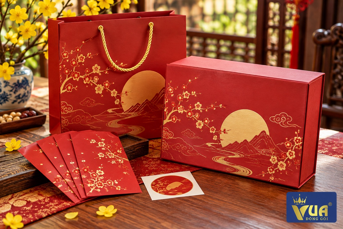 Bộ ấn phẩm Tết gồm bao lì xì, túi giấy, hộp giấy và tem nhãn đồng bộ màu