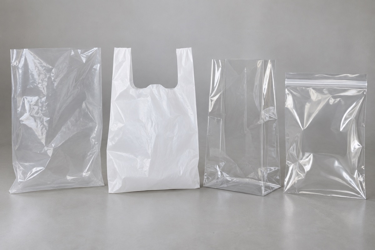 Bốn mẫu túi PE, HDPE, PP và OPP đặt cạnh nhau để so sánh