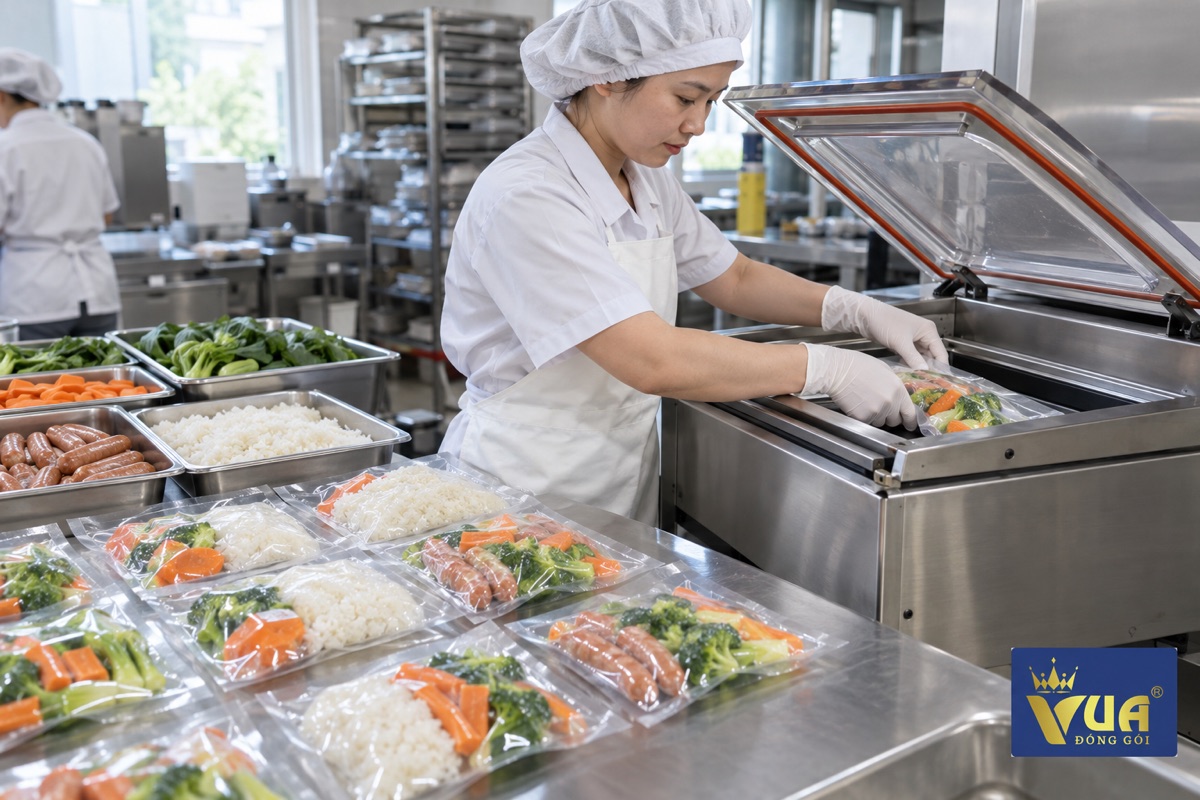 Công nhân đóng gói thực phẩm bằng máy hút chân không trong bếp chế biến
