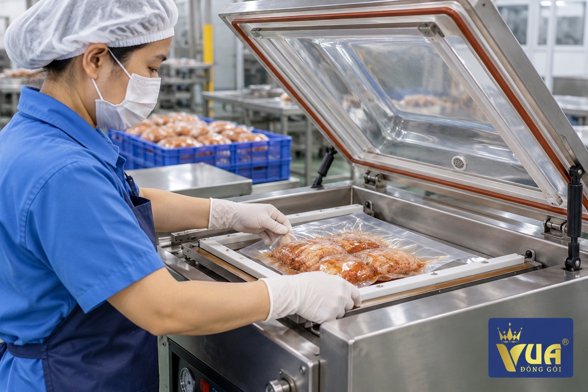 Công nhân dùng máy hút chân không buồng đóng túi PA/PE đựng thực phẩm