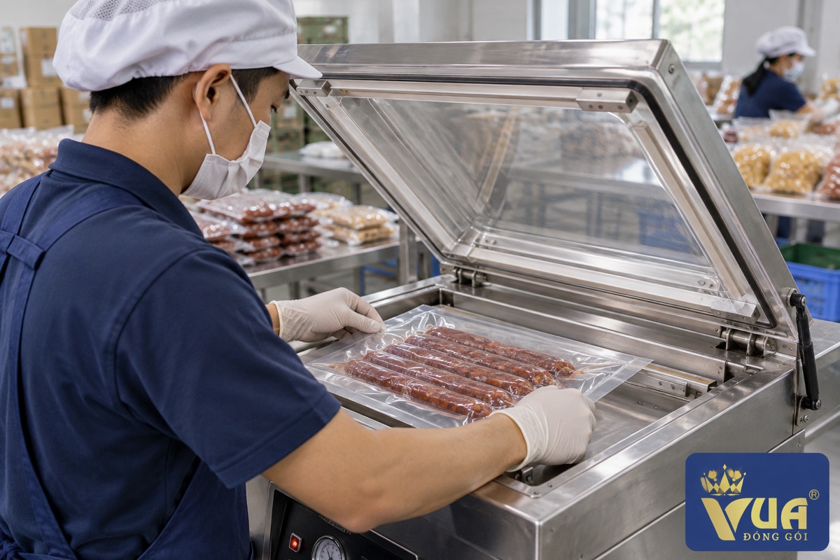 Công nhân dùng máy hút chân không hàn kín túi thực phẩm trong xưởng