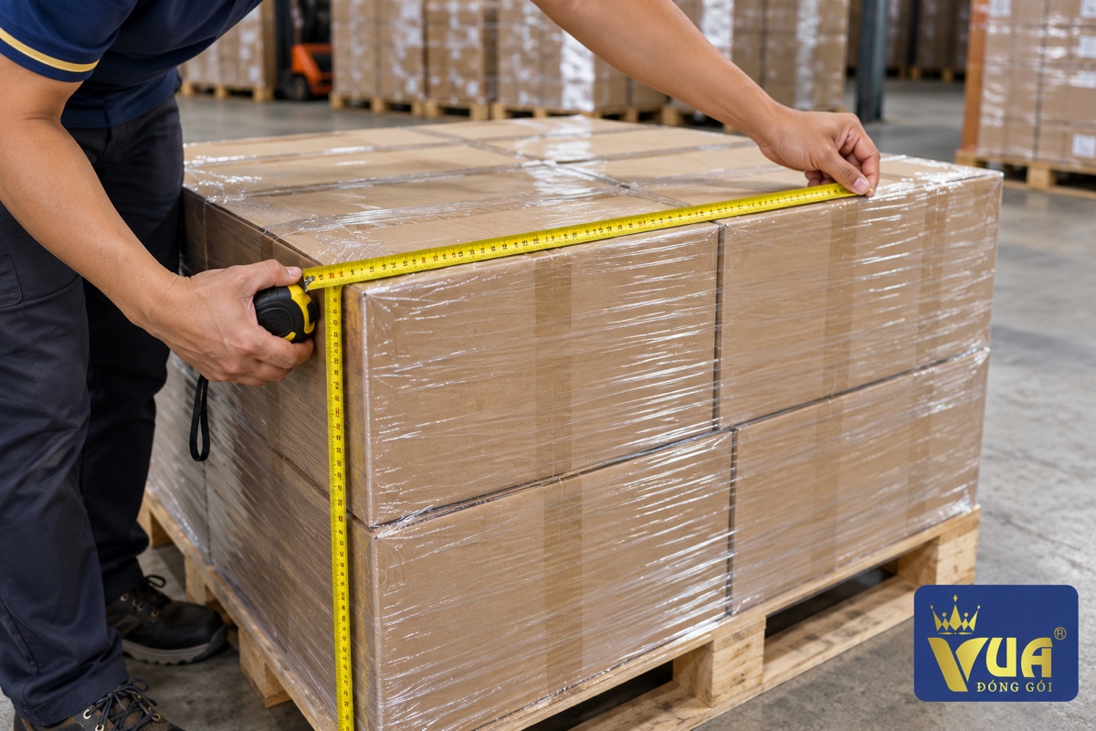 Công nhân dùng thước cuộn đo chiều dài và chiều rộng pallet hàng trong kho