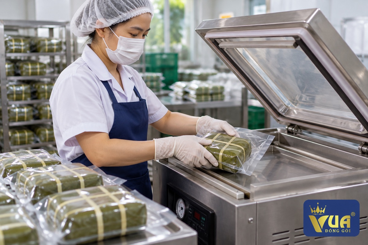 Công nhân hút chân không bánh chưng bằng máy hút chân không buồng