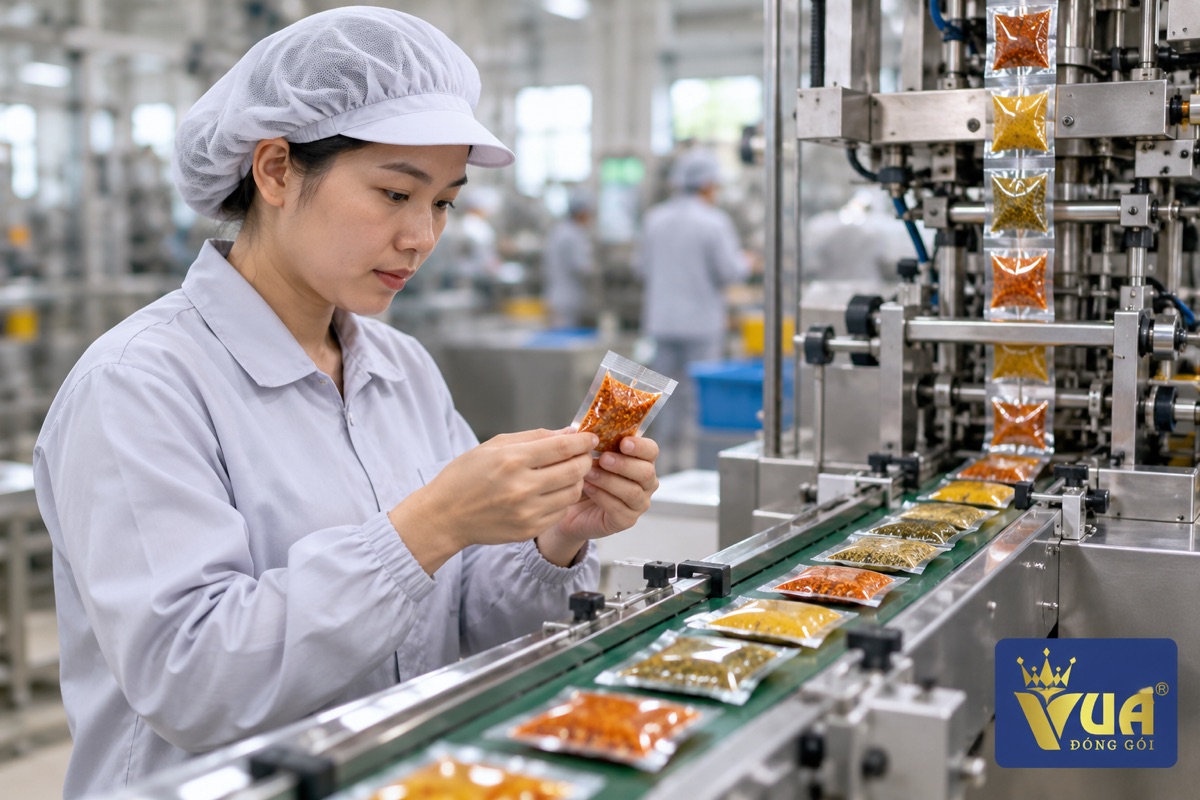 Công nhân kiểm tra gói snack và gia vị nhỏ sau khi ra khỏi máy đóng gói tự động