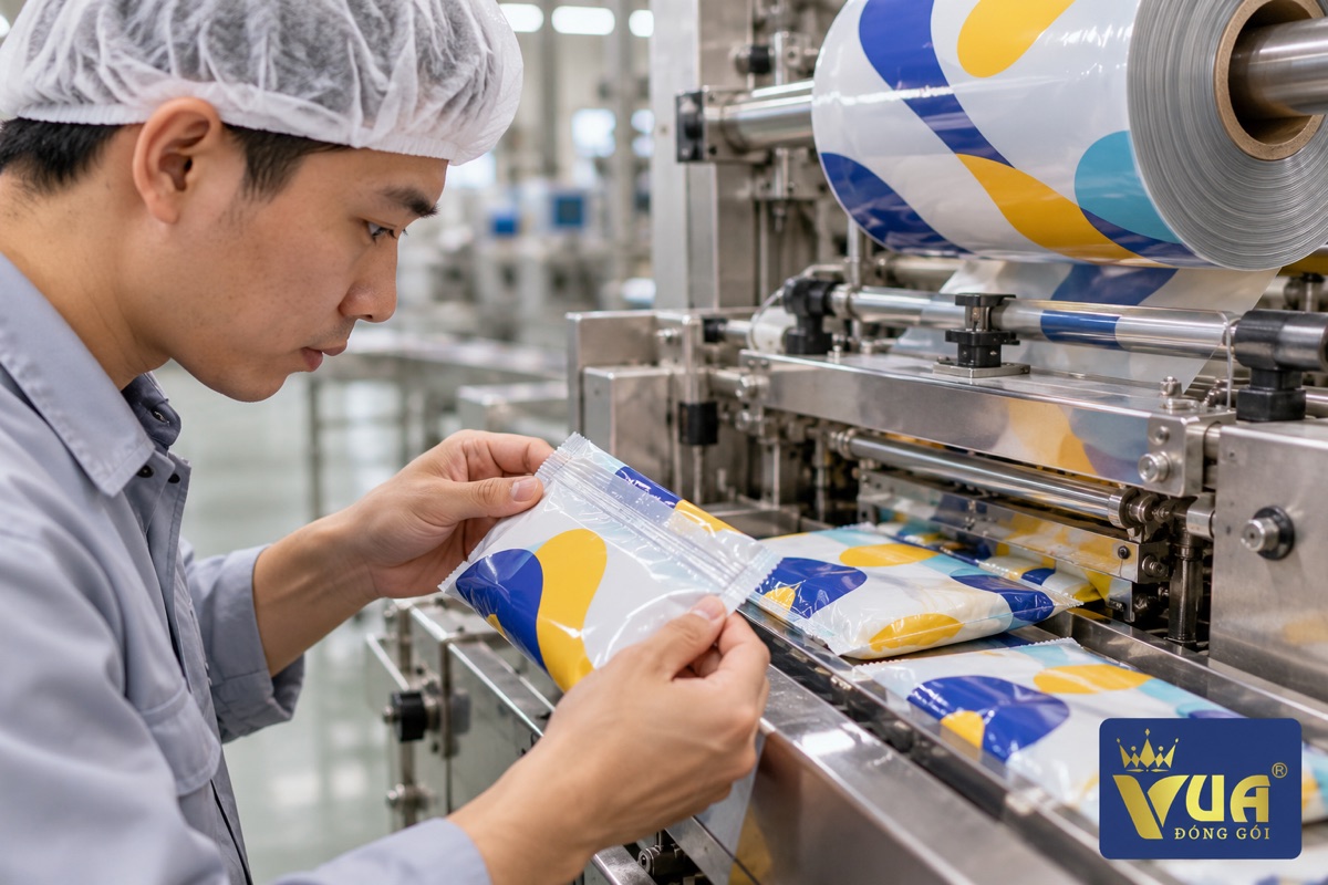 Công nhân kiểm tra mối hàn trên cuộn màng đóng gói của máy đóng gói gối
