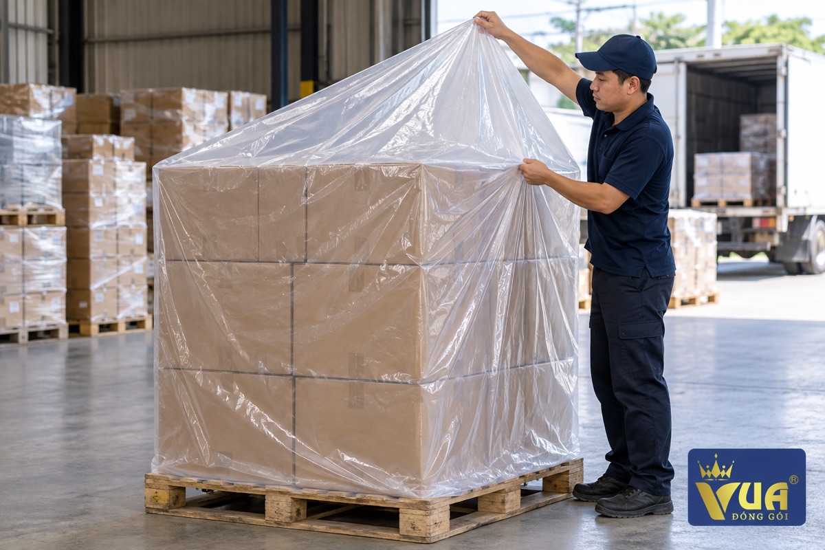 Công nhân trùm túi PE lên khối hàng xếp trên pallet