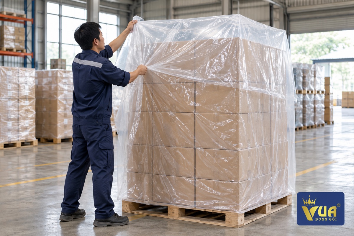 Công nhân trùm túi PE lên pallet hàng trong kho