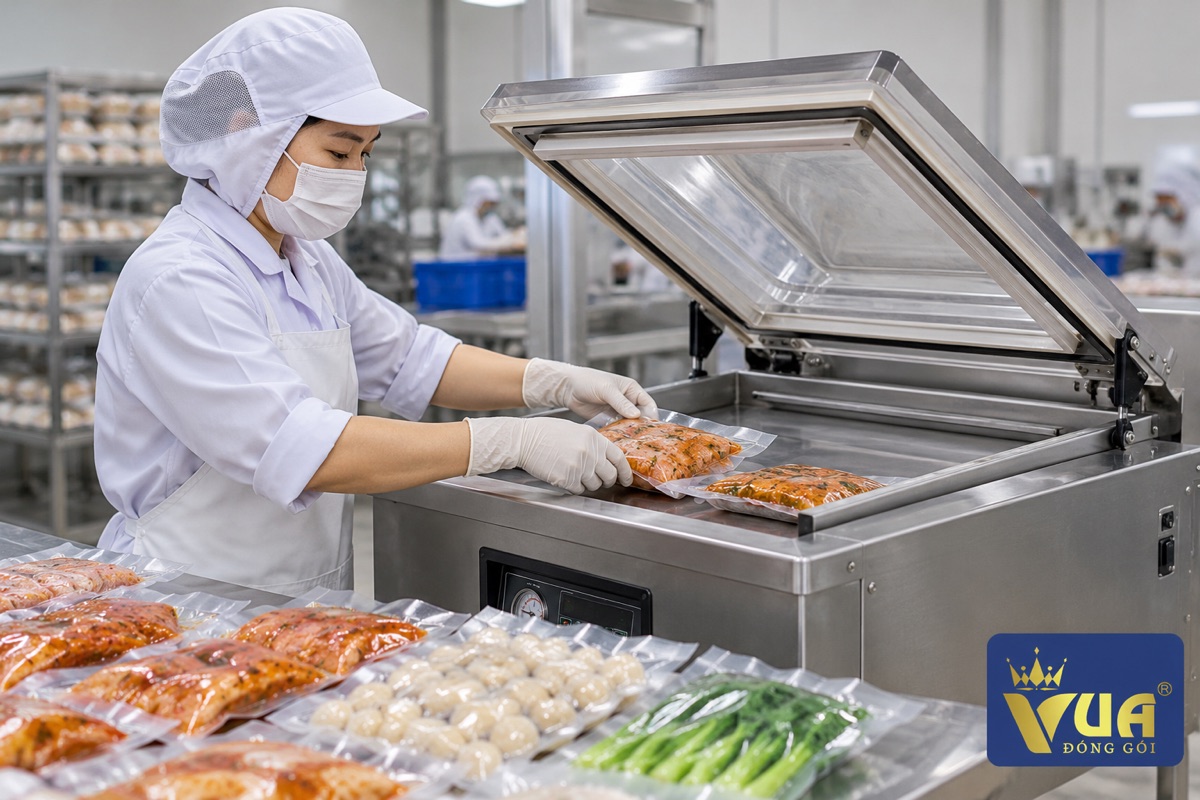 Công nhân vận hành máy hút chân không buồng với túi hút chân không PA/PE đựng thực phẩm