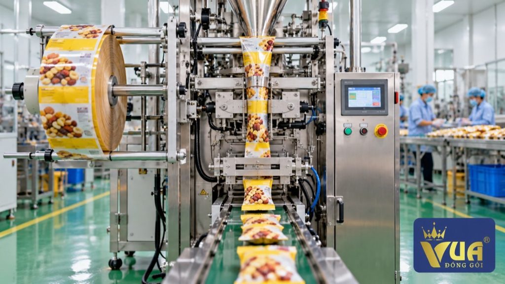 Máy đóng gói tự động dùng cuộn roll thực phẩm in sẵn cho bánh kẹo và snack