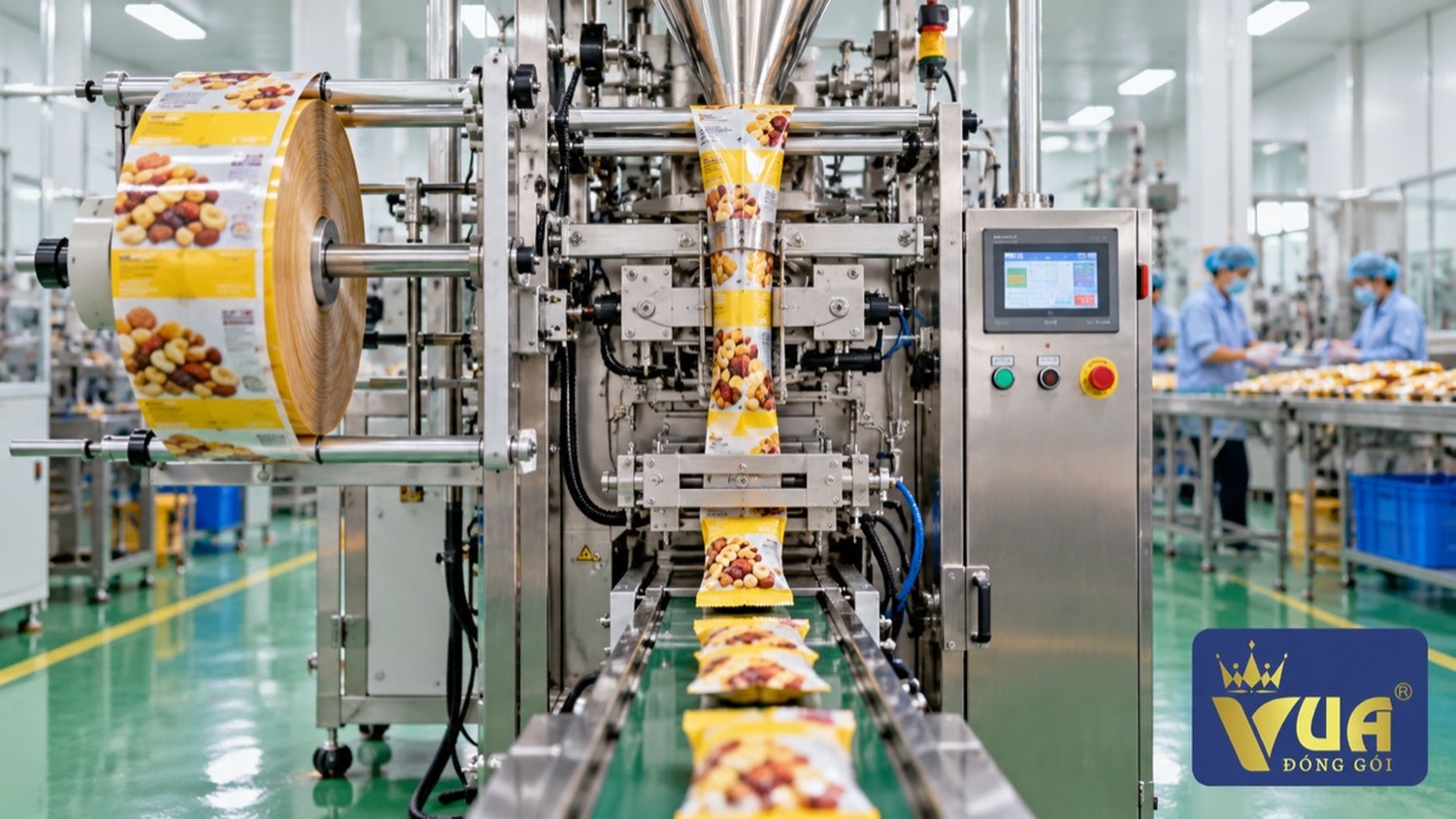 Máy đóng gói tự động dùng cuộn roll thực phẩm in sẵn cho bánh kẹo và snack