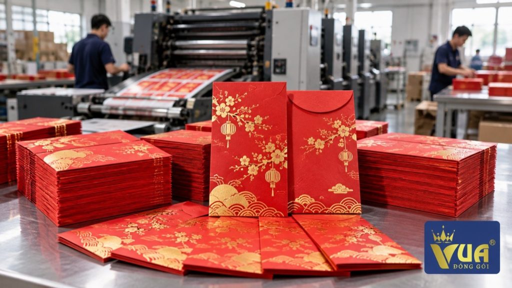 Bao lì xì Tết màu đỏ họa tiết vàng xếp trên bàn xưởng in
