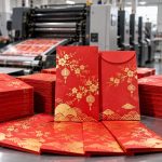 Bao lì xì Tết màu đỏ họa tiết vàng xếp trên bàn xưởng in
