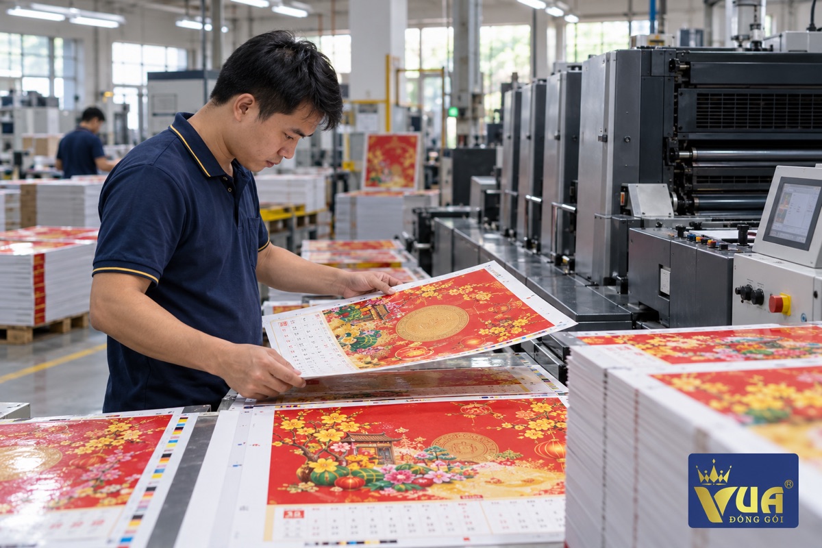 Kiểm tra bản in thử lịch Tết tại xưởng in