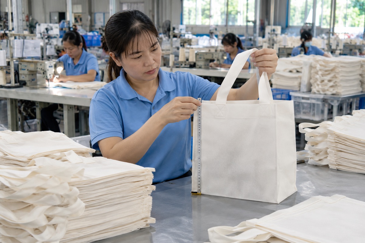 Kiểm tra đường may, quai xách và kích thước túi vải không dệt tại xưởng