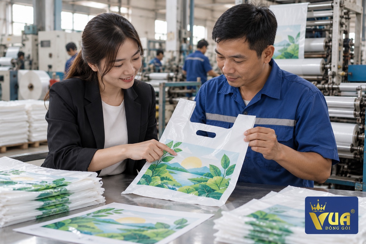 Kiểm tra mẫu túi siêu thị in logo trước khi sản xuất hàng loạt
