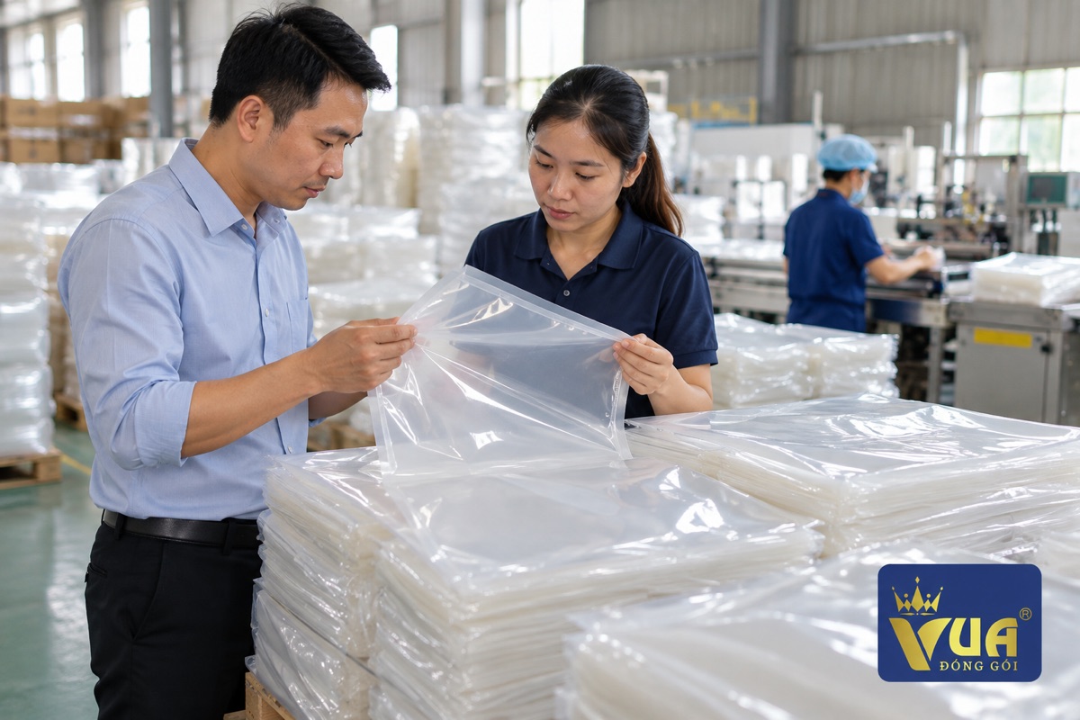 Kiểm tra túi hút chân không PA/PE trong kho nhà máy bao bì