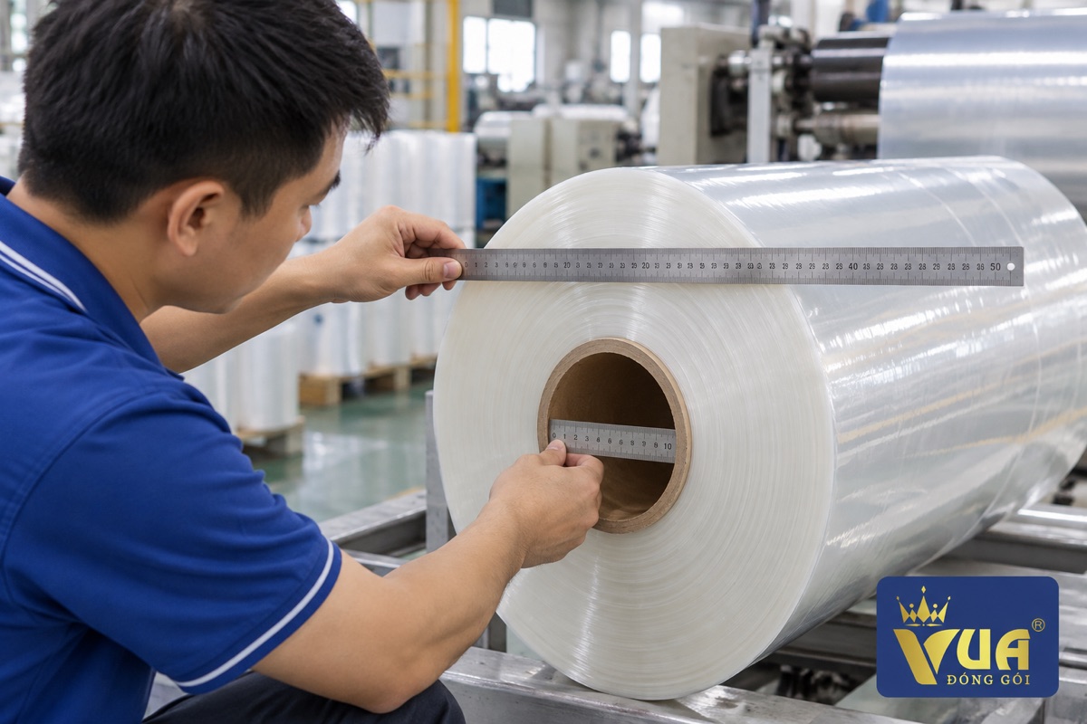 Kỹ thuật viên đo bề rộng và đường kính lõi cuộn màng đóng gói