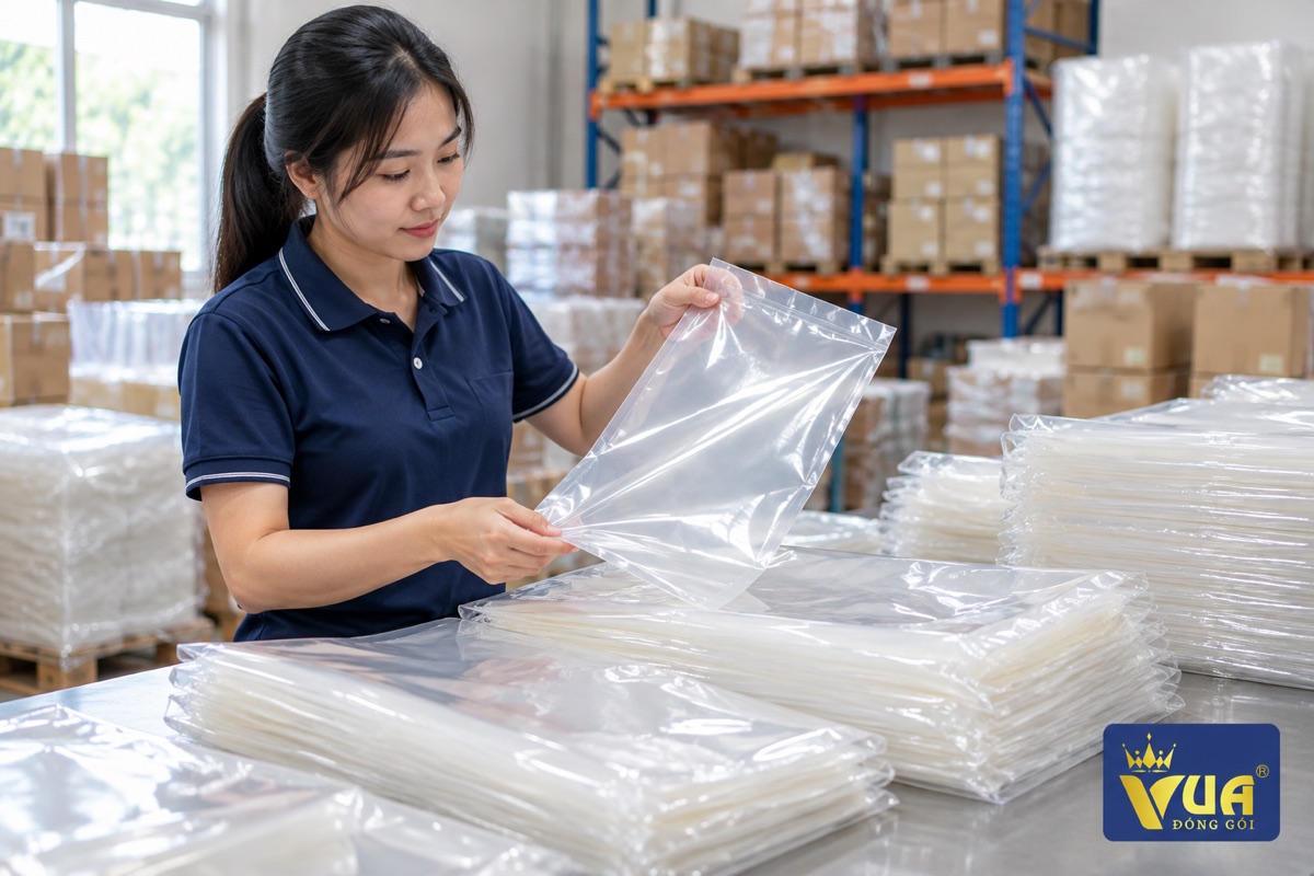 Nhân viên kiểm tra túi hút chân không PA/PE trong suốt trước khi đóng gói thực phẩm