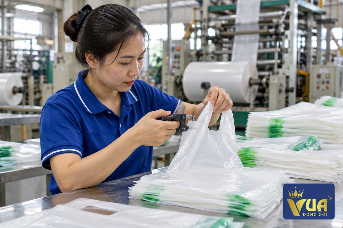 Nhân viên nhà máy kiểm tra độ dày và quai túi siêu thị trước khi giao hàng