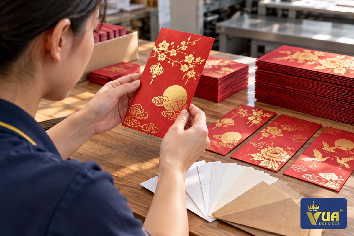 Nhân viên xưởng kiểm tra bao lì xì in và mẫu giấy couche, kraft