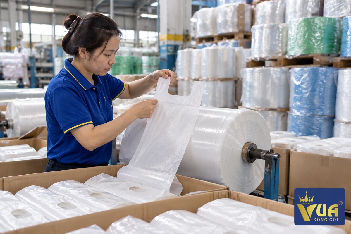 Nhân viên xưởng kiểm tra cuộn túi siêu thị có quai trước khi giao