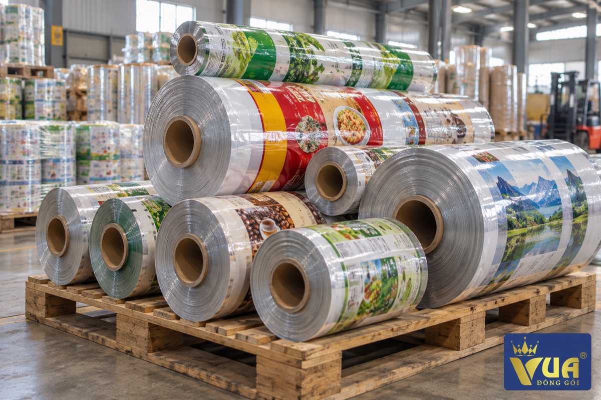 Nhiều cuộn màng ghép in nhiều khổ xếp trên pallet trong kho xưởng