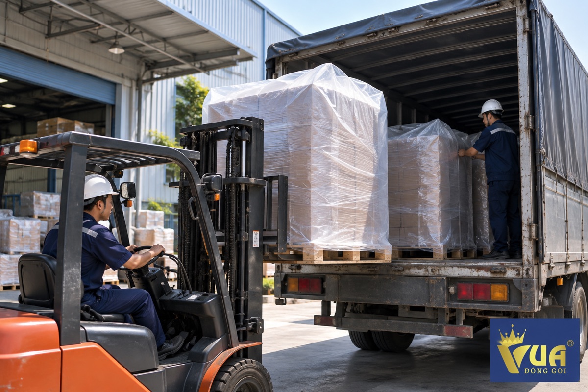 Pallet hàng bọc túi trùm và màng quấn chuẩn bị xếp lên xe tải