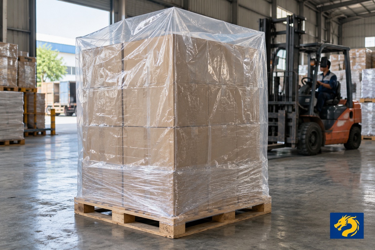 Pallet hàng được trùm túi PE trong suốt vừa khít kiện hàng trong kho