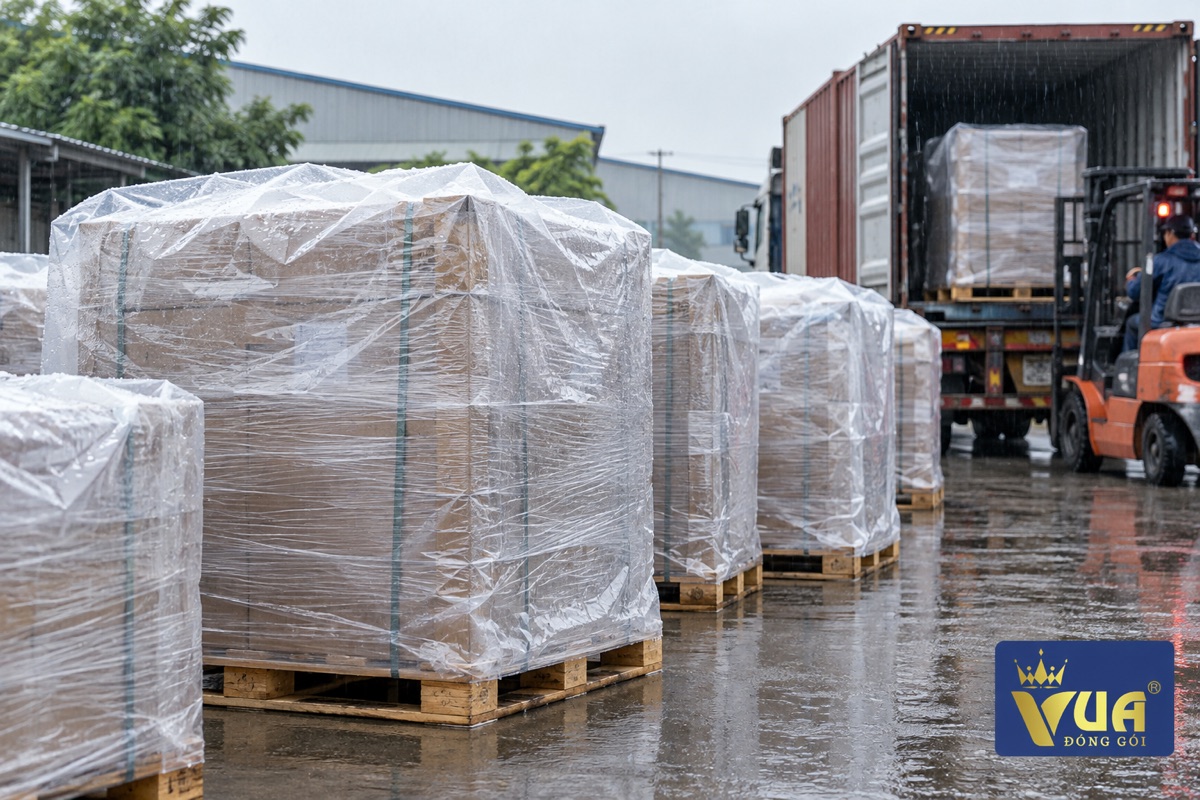 Pallet quấn màng PE và trùm túi chống mưa ngoài bãi xe tải