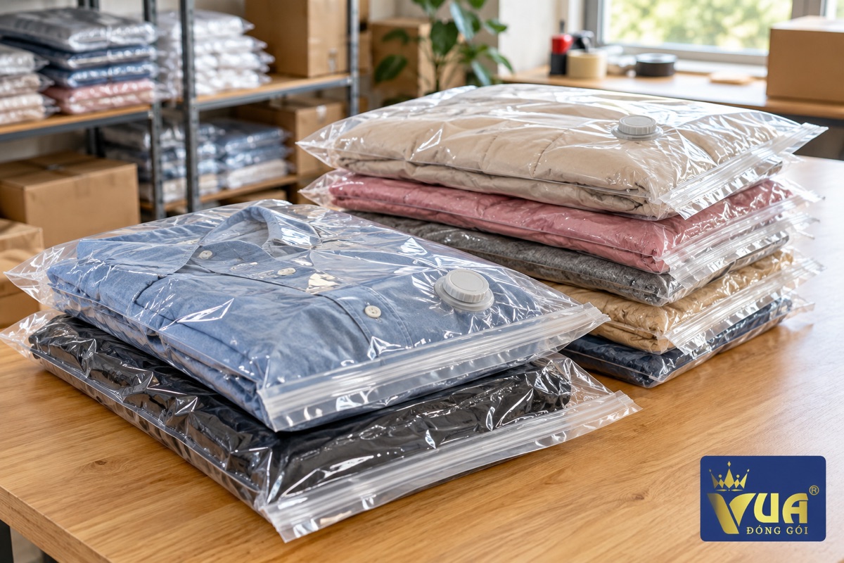 Túi hút chân không có khóa zipper và van đựng quần áo gấp gọn, nén phẳng
