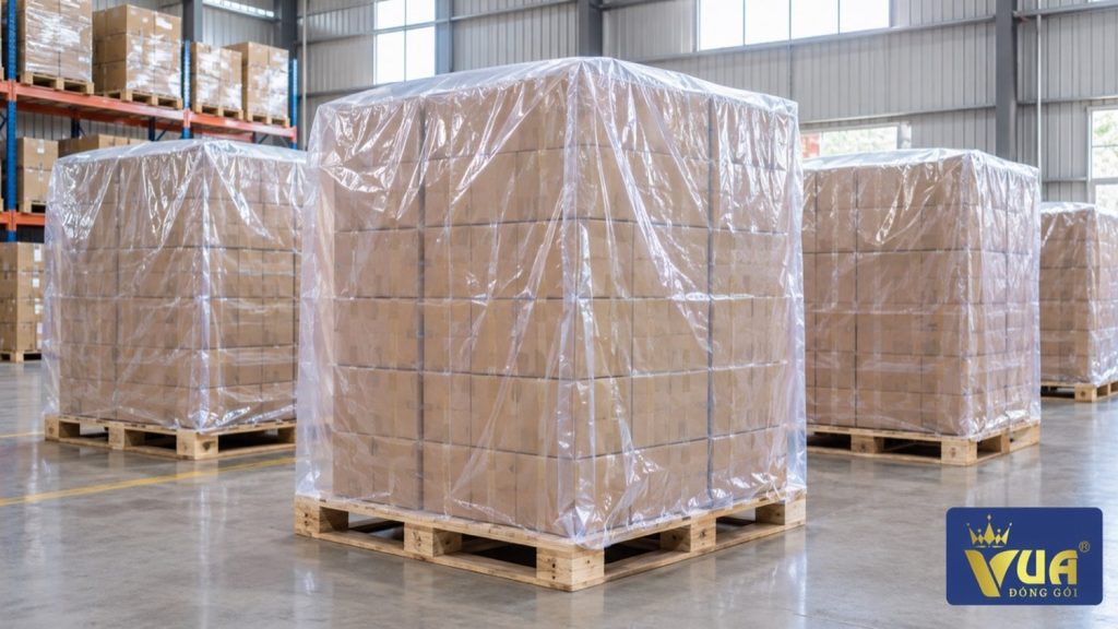 Pallet hàng được trùm túi PE trong suốt trong kho