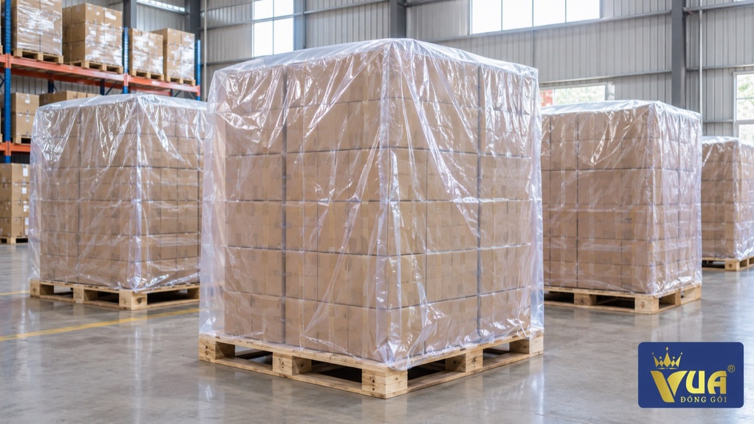 Pallet hàng được trùm túi PE trong suốt trong kho