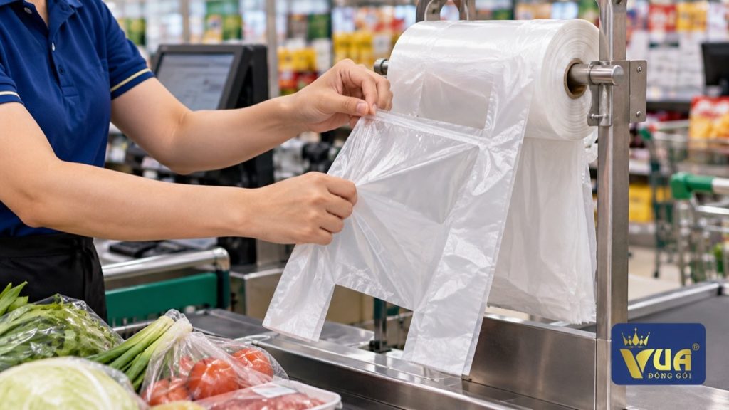 Túi siêu thị cuộn có quai giúp quầy thu ngân thao tác nhanh hơn