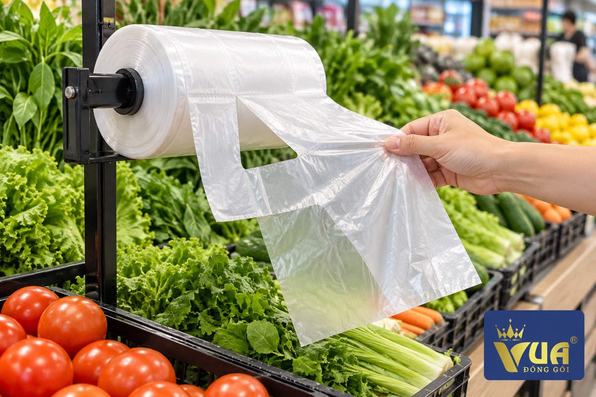 Túi siêu thị cuộn có quai treo trên giá ở khu rau củ siêu thị
