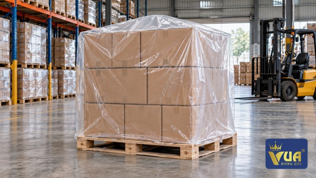 Pallet hàng được bọc túi trùm PE trong suốt trong kho bao bì