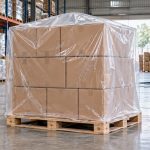 Pallet hàng được bọc túi trùm PE trong suốt trong kho bao bì