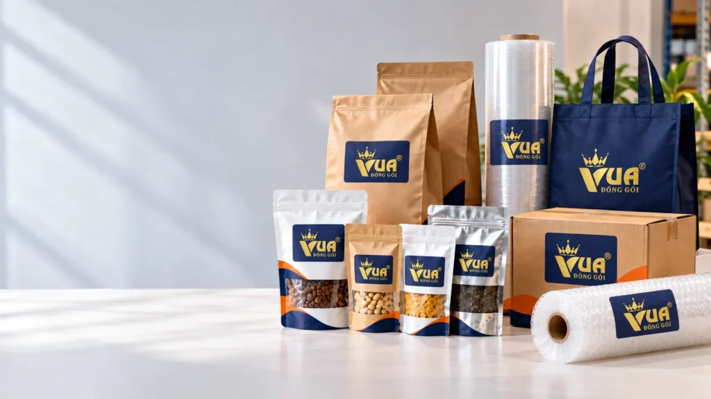 Bộ sản phẩm bao bì in logo Vua Đóng Gói